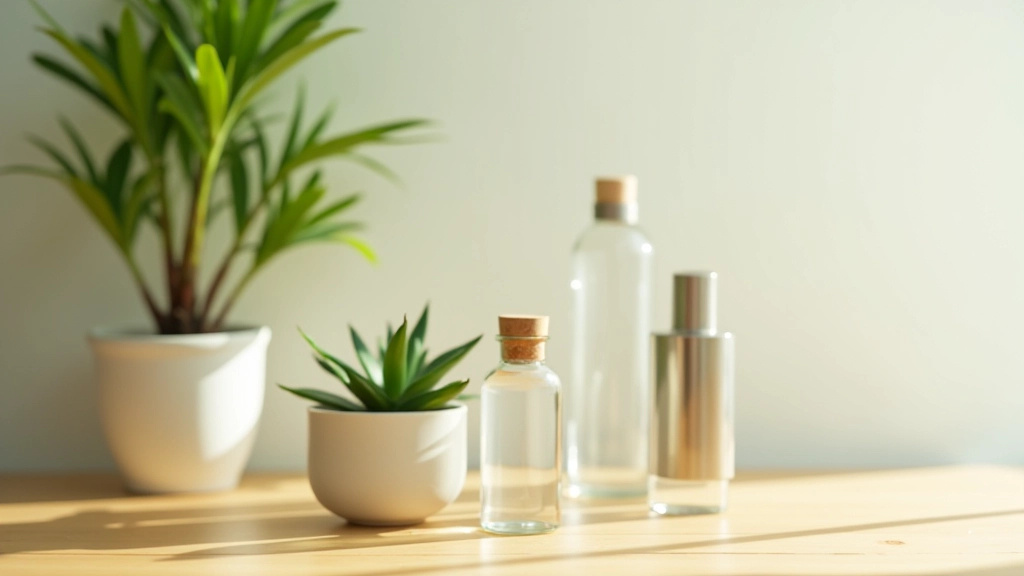 Garrafas reutilizáveis de vidro e aço inoxidável em cima de uma mesa de madeira ao lado de uma planta verde