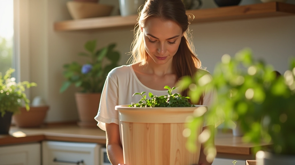 Mulher a fazer compostagem doméstica numa cozinha com um balde de compostagem em madeira clara