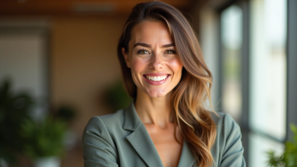 Retrato de mulher, especialista em sustentabilidade, expressão confiante, escritório moderno